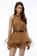 Lucretia Chocolate Brown Halterneck Mesh Mini Dress - Aura Muse