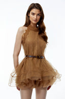 Lucretia Chocolate Brown Halterneck Mesh Mini Dress - Aura Muse