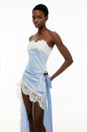 Ludivine Blue Off Shoulder Asymmetrical Maxi Dress with Lace Trim - Aura Muse