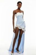 Ludivine Blue Off Shoulder Asymmetrical Maxi Dress with Lace Trim - Aura Muse