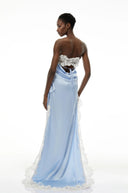 Ludivine Blue Off Shoulder Asymmetrical Maxi Dress with Lace Trim - Aura Muse