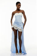 Ludivine Blue Off Shoulder Asymmetrical Maxi Dress with Lace Trim - Aura Muse