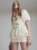 Luna NeutralPleated 3D Flower Bubble Hem Mini Dress - Aura Muse