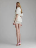 Luna NeutralPleated 3D Flower Bubble Hem Mini Dress - Aura Muse