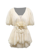 Luna NeutralPleated 3D Flower Bubble Hem Mini Dress - Aura Muse