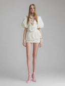 Luna NeutralPleated 3D Flower Bubble Hem Mini Dress - Aura Muse