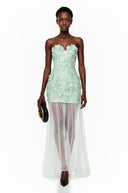 Magnolia Green Off Shoulder Maxi Dress with 3D Florals - Aura Muse