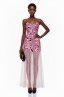 Magnolia Pink Off Shoulder Maxi Dress with 3D Florals - Aura Muse