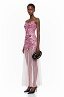 Magnolia Pink Off Shoulder Maxi Dress with 3D Florals - Aura Muse