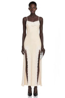 Marfa Neutral Satin Maxi Dress with High Slit - Aura Muse