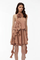 Maryse Camel Halterneck Ruched Mini Dress with 3D Florals - Aura Muse
