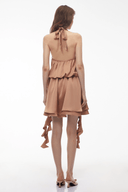 Maryse Camel Halterneck Ruched Mini Dress with 3D Florals - Aura Muse