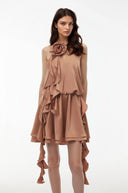 Maryse Camel Halterneck Ruched Mini Dress with 3D Florals - Aura Muse