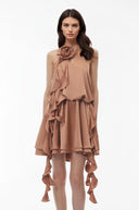 Maryse Camel Halterneck Ruched Mini Dress with 3D Florals - Aura Muse