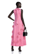 Matilda Pink Sleeveless Maxi Dress with Faux Flower & Bow-Tie Embellishment - Aura Muse