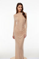 Maxellende Nude Ruched Maxi Dress with Asymmetrical Hem - Aura Muse