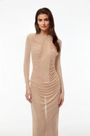 Maxellende Nude Ruched Maxi Dress with Asymmetrical Hem - Aura Muse