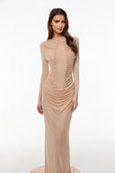 Maxellende Nude Ruched Maxi Dress with Asymmetrical Hem - Aura Muse