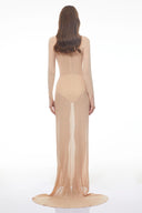 Maxellende Nude Ruched Maxi Dress with Asymmetrical Hem - Aura Muse