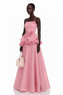 Michèle Pink Asymmetrical Maxi Dress with 3D Florals - Aura Muse