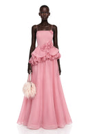 Michèle Pink Asymmetrical Maxi Dress with 3D Florals - Aura Muse