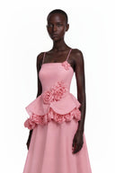 Michèle Pink Asymmetrical Maxi Dress with 3D Florals - Aura Muse