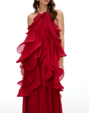Michèle Red Halterneck Ruffled Maxi Dress - Aura Muse