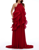 Michèle Red Halterneck Ruffled Maxi Dress - Aura Muse