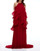 Michèle Red Halterneck Ruffled Maxi Dress - Aura Muse