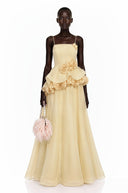 Michèle Yellow Asymmetrical Maxi Dress with 3D Florals - Aura Muse