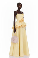 Michèle Yellow Asymmetrical Maxi Dress with 3D Florals - Aura Muse