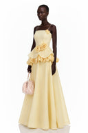 Michèle Yellow Asymmetrical Maxi Dress with 3D Florals - Aura Muse