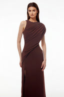Mildred Chocolate Brown One Shoulder Ruched Maxi Dress - Aura Muse