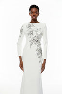 Miranda White Embellished Maxi Gown with Floral Embroidered - Aura Muse