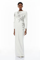 Miranda White Embellished Maxi Gown with Floral Embroidered - Aura Muse