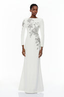 Miranda White Embellished Maxi Gown with Floral Embroidered - Aura Muse