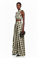 Monique Brown Plaid Top & Barrel Leg Trouser Set - Aura Muse