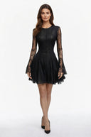 Muriel Black Ruffled Mini Dress with Lace Panels - Aura Muse