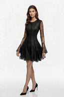 Muriel Black Ruffled Mini Dress with Lace Panels - Aura Muse