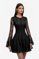 Muriel Black Ruffled Mini Dress with Lace Panels - Aura Muse