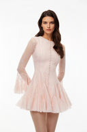 Muriel Pink Ruffled Mini Dress with Lace Panels - Aura Muse