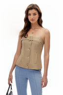 Myrtle Khaki Strapless Button Down Top - Aura Muse