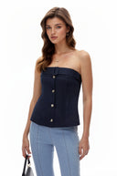 Myrtle Navy Blue Strapless Button Down Top - Aura Muse