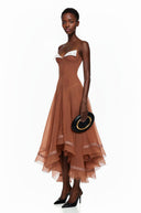 Nadine Rust Brown Asymmetrical Midi Dress - Aura Muse