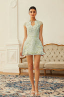 Nanna Green Floral Applique V - Neck Mini Dress - Aura Muse
