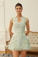 Nanna Green Floral Applique V - Neck Mini Dress - Aura Muse