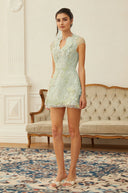 Nanna Green Floral Applique V - Neck Mini Dress - Aura Muse