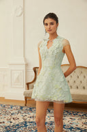 Nanna Green Floral Applique V - Neck Mini Dress - Aura Muse