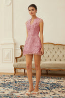 Nanna Pink Floral Applique V - Neck Mini Dress - Aura Muse