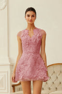 Nanna Pink Floral Applique V - Neck Mini Dress - Aura Muse